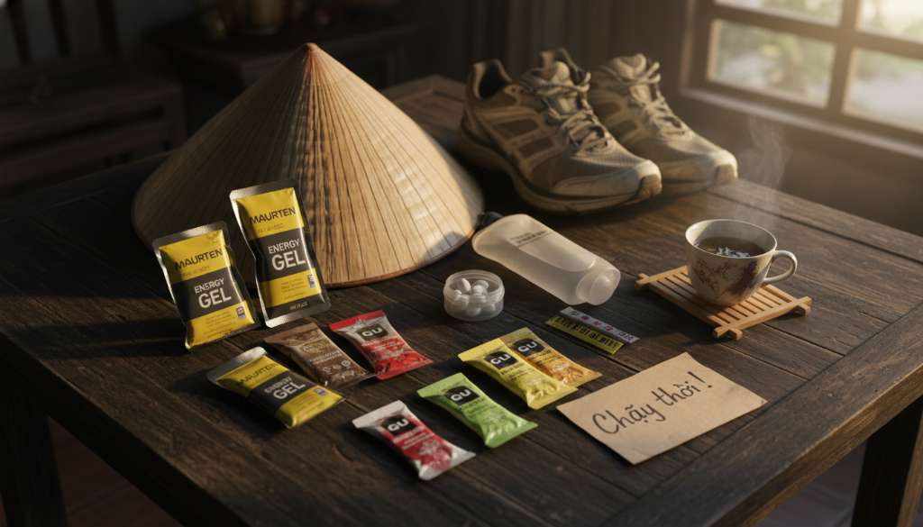 Ảnh flatlay sắp xếp các gói gel Maurten, GU, viên muối điện giải và bình nước mềm (soft flask) trên một mặt phẳng gỗ tối màu. Ánh sáng vàng ấm, tạo cảm giác chuẩn bị kỹ lưỡng cho cuộc đua.