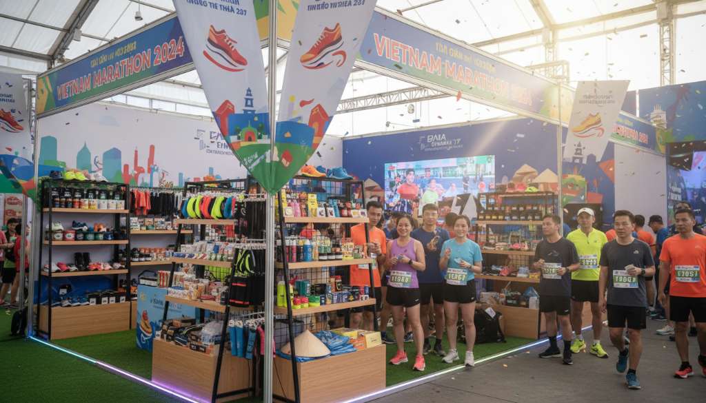 Một góc gian hàng Expo rực rỡ sắc màu tại một giải chạy marathon, với các kệ trưng bày phụ kiện và đông đảo runner đang hào hứng lựa chọn đồ, tạo không khí sôi động của ngày hội thể thao.