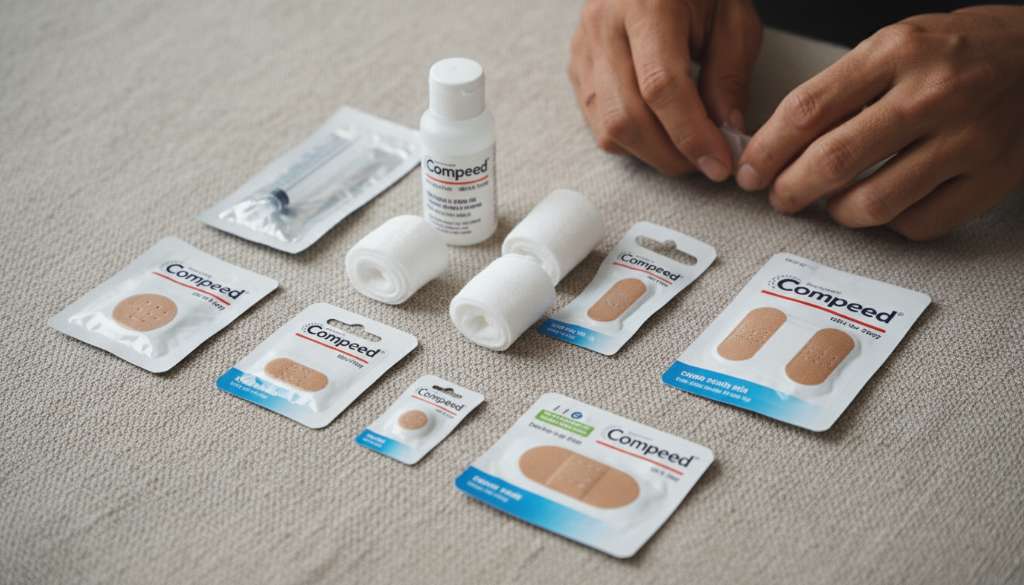 Ảnh chụp cận cảnh bộ dụng cụ y tế dành cho runner gồm: kim tiệt trùng, nước muối sinh lý, bông gạc và các miếng dán Compeed đủ kích cỡ được sắp xếp ngăn nắp trên nền vải thô, phong cách tối giản và sạch sẽ.