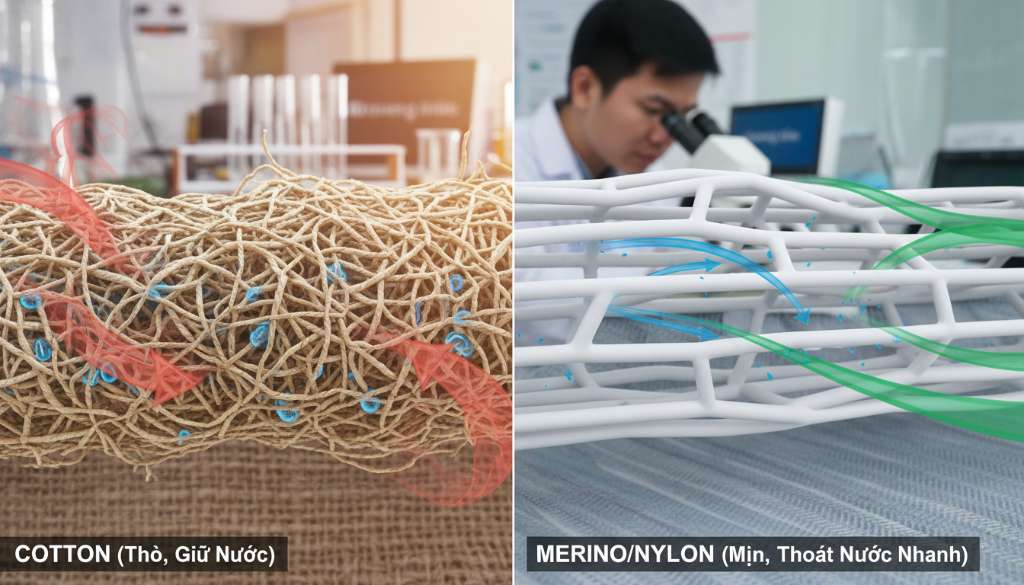 Hình ảnh đồ họa so sánh cấu trúc sợi vải Cotton (thô, giữ nước) và sợi Merino/Nylon (mịn, thoát nước nhanh) dưới kính hiển vi, minh họa cách dòng không khí lưu thông qua kẽ vải.
