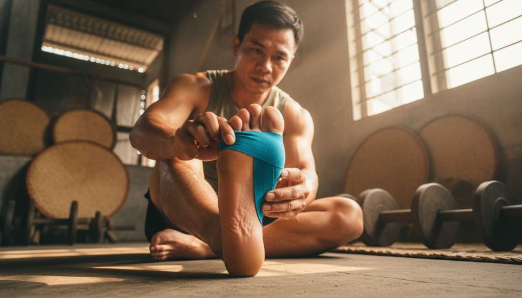 Một runner đang tập trung dán băng dính thể thao màu xanh neon lên vòm bàn chân, các ngón chân được tách rõ ràng, ánh sáng tập trung vào đôi bàn chân săn chắc của vận động viên.