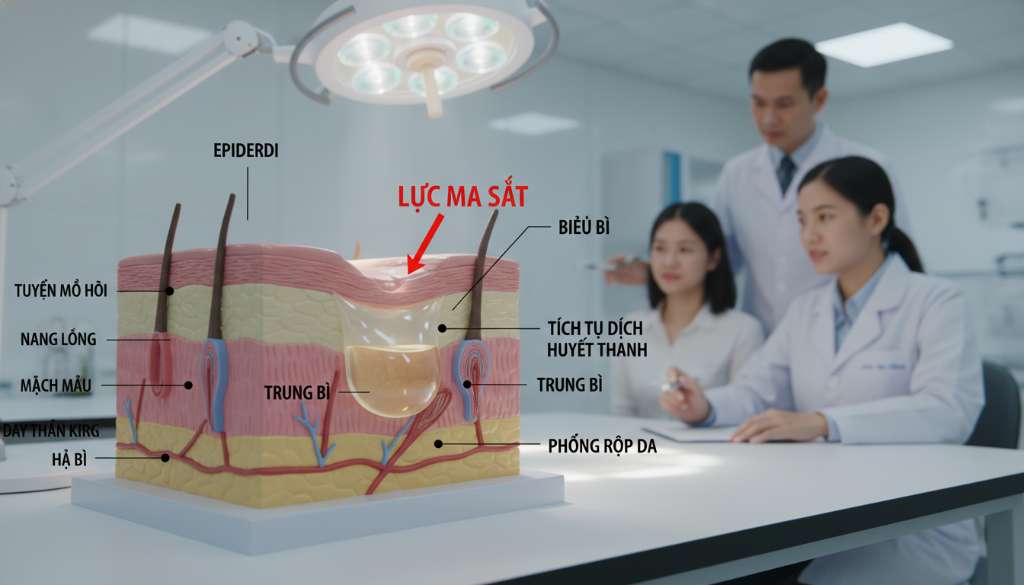 Sơ đồ 3D minh họa cấu tạo các lớp da người, mô phỏng quá trình lực ma sát làm tách lớp biểu bì và sự tích tụ dịch huyết thanh bên dưới, chú thích rõ ràng bằng tiếng Việt.