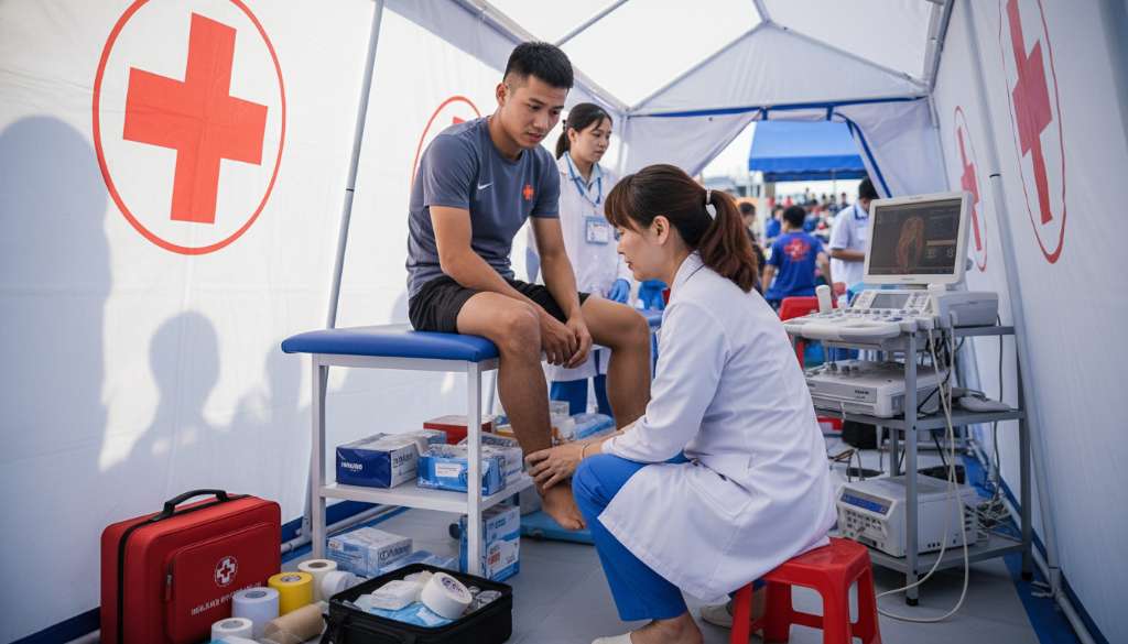 Một bác sĩ y học thể thao đang kiểm tra bàn chân cho vận động viên trong trạm y tế, không gian chuyên nghiệp với các thiết bị sơ cứu hiện đại, mang lại cảm giác tin tưởng và an toàn.