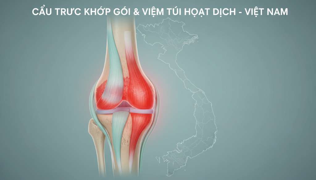 Hình ảnh minh họa 3D mô phỏng cấu trúc khớp gối nhìn từ phía trước. Các túi bao hoạt dịch (bursa) được tô màu đỏ rực rỡ để thể hiện trạng thái viêm, nằm xen kẽ giữa xương bánh chè và các dây chằng, tạo sự tương phản rõ rệt với các vùng mô khỏe mạnh màu xanh nhạt.