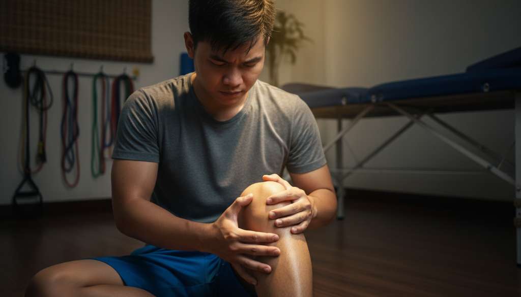 Ảnh chụp thực tế một vận động viên đang dùng tay chỉ vào điểm đau ở mặt trong đầu gối (vùng gân chân ngỗng). Ánh sáng tập trung vào vị trí tiếp xúc, thể hiện rõ sự quan tâm và tự kiểm tra chấn thương một cách chuyên nghiệp.