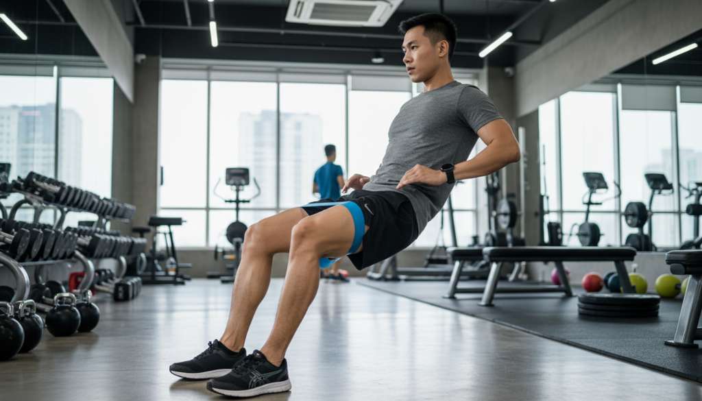 Ảnh một runner nam đang tập bài tập bổ trợ với dây kháng lực miniband quanh đùi trong phòng gym hiện đại. Tư thế chuẩn xác, cơ bắp chân săn chắc, thể hiện sự tập trung cao độ vào việc phòng ngừa chấn thương.
