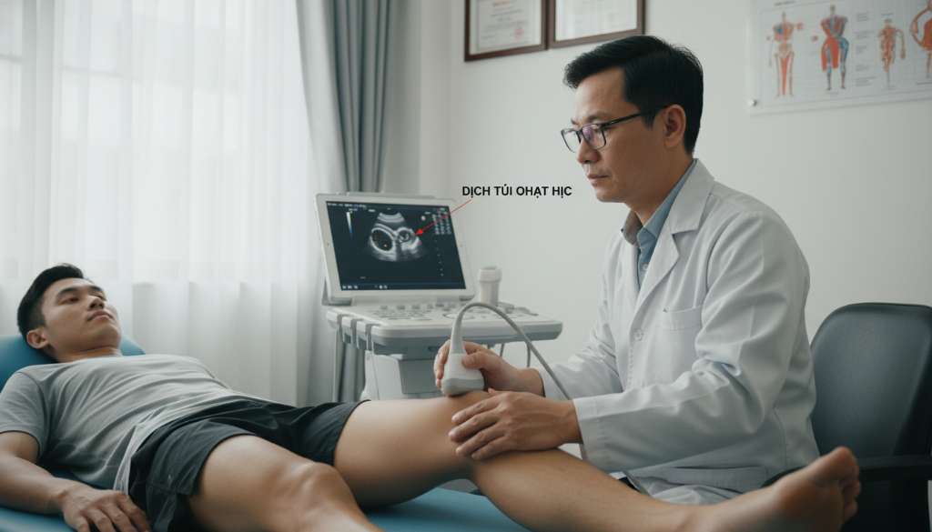 Cảnh một bác sĩ chuyên khoa y học thể thao đang sử dụng máy siêu âm cầm tay hiện đại để kiểm tra khớp gối cho một runner. Màn hình hiển thị rõ ràng các ổ dịch trong túi hoạt dịch, tạo cảm giác chuyên nghiệp và tin cậy.