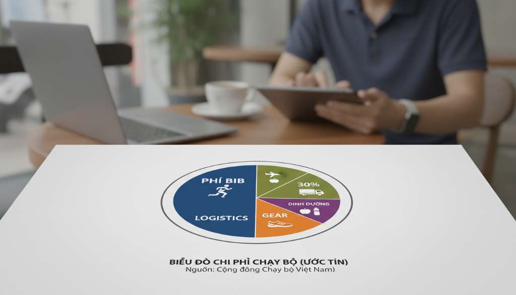 Infographic minh họa 4 nhóm chi phí chính theo dạng sơ đồ tròn: Phí BIB, Logistics, Gear, và Dinh dưỡng với các biểu tượng trực quan, màu sắc hiện đại, phong cách tối giản.