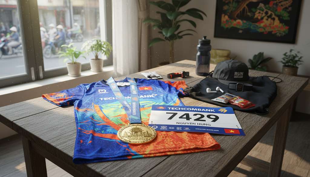 Ảnh chụp thực tế bộ Race-kit trải rộng trên mặt bàn gỗ: chiếc áo đấu màu sắc rực rỡ, số BIB, túi rút, và chiếc huy chương lấp lánh đặt ở trung tâm. Ánh sáng tự nhiên từ cửa sổ chiếu vào tạo cảm giác đầy cảm hứng.