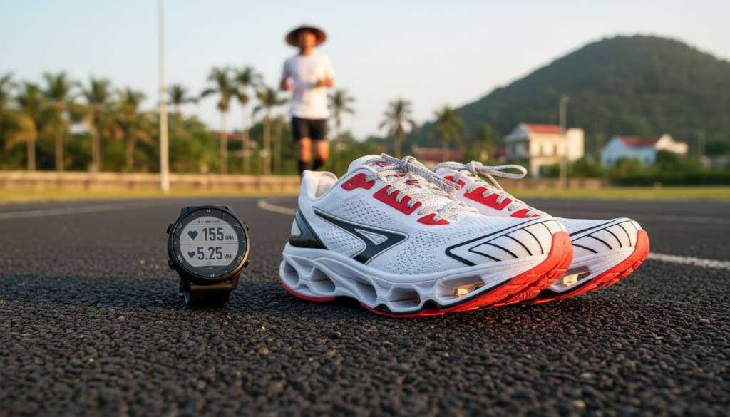 Ảnh chụp cận cảnh (macro) một đôi giày chạy bộ đế Carbon siêu nhẹ đang đặt trên đường chạy nhựa asphalt, phía sau là một chiếc đồng hồ GPS đang hiển thị các thông số nhịp tim và quãng đường. Độ sâu trường ảnh mỏng (bokeh) làm nổi bật công nghệ của đôi giày.