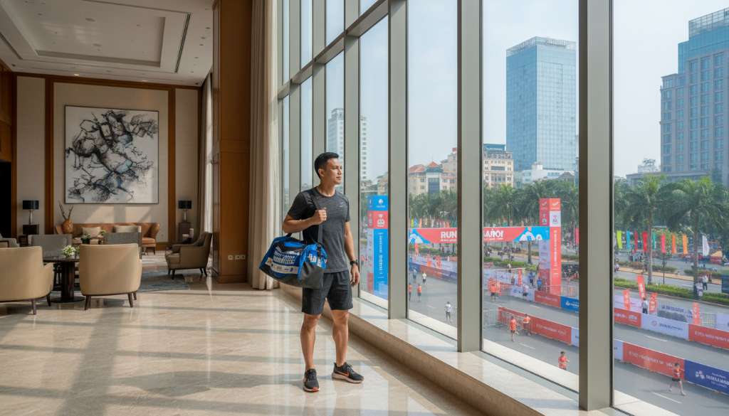Runner đang đứng ở sảnh một khách sạn hiện đại với chiếc túi Race-kit trên vai, nhìn ra cửa sổ thấy khung cảnh thành phố đang chuẩn bị cho giải chạy với các banner rực rỡ. Phong cách nhiếp ảnh du lịch sang trọng.
