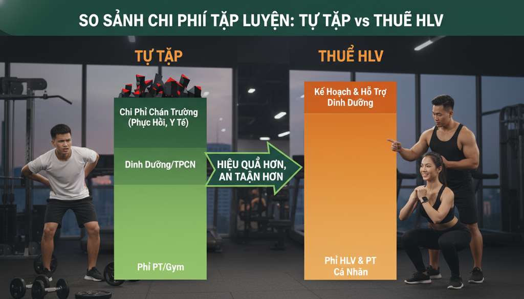 Một biểu đồ Infographic chuyên nghiệp, màu sắc năng động (xanh lá và cam), so sánh các cột chi phí giữa 