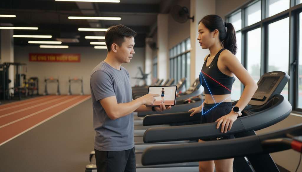 Một huấn luyện viên đang sử dụng máy tính bảng để phân tích video dáng chạy của một runner trên máy chạy bộ. Các đường kẻ kỹ thuật (angle lines) hiển thị trên màn hình để chỉnh sửa độ đáp chân và tư thế thân trên.