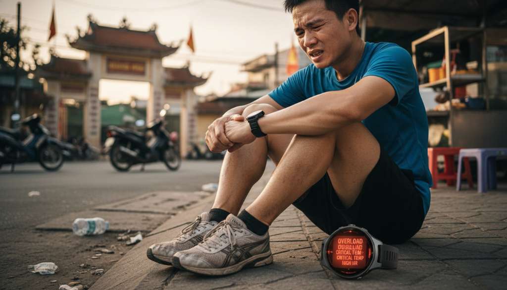 Ảnh cận cảnh một runner đang ngồi trên vỉa hè, tay ôm đầu gối với vẻ mặt đau đớn. Bên cạnh là chiếc đồng hồ chạy bộ hiển thị các thông số quá tải màu đỏ cảnh báo.