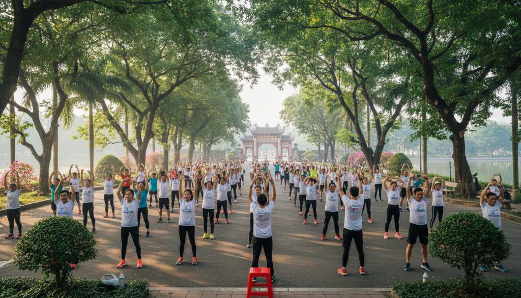 Một nhóm runner đông đảo thuộc một CLB chạy bộ đang khởi động cùng nhau dưới hàng cây xanh mát vào buổi sáng sớm. Không khí tràn đầy năng lượng và sự kết nối cộng đồng.