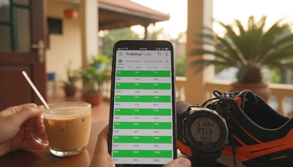 Một màn hình điện thoại hiển thị ứng dụng TrainingPeaks với các ô lịch tập luyện màu xanh lá cây hoàn thành đẹp mắt, bên cạnh là chiếc đồng hồ Garmin và đôi giày chạy bộ chuyên nghiệp.