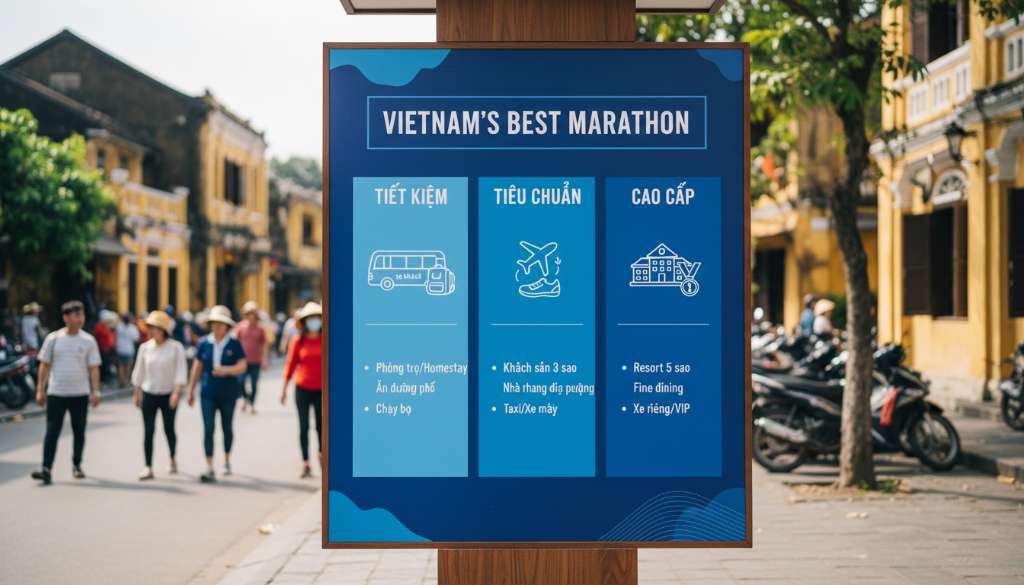 Một biểu đồ Infographic hiện đại, phối màu xanh năng động của Vietnam's Best Marathon, chia rõ 3 cột chi phí: Tiết kiệm, Tiêu chuẩn và Cao cấp với các biểu tượng minh họa cho xe khách, máy bay và resort.