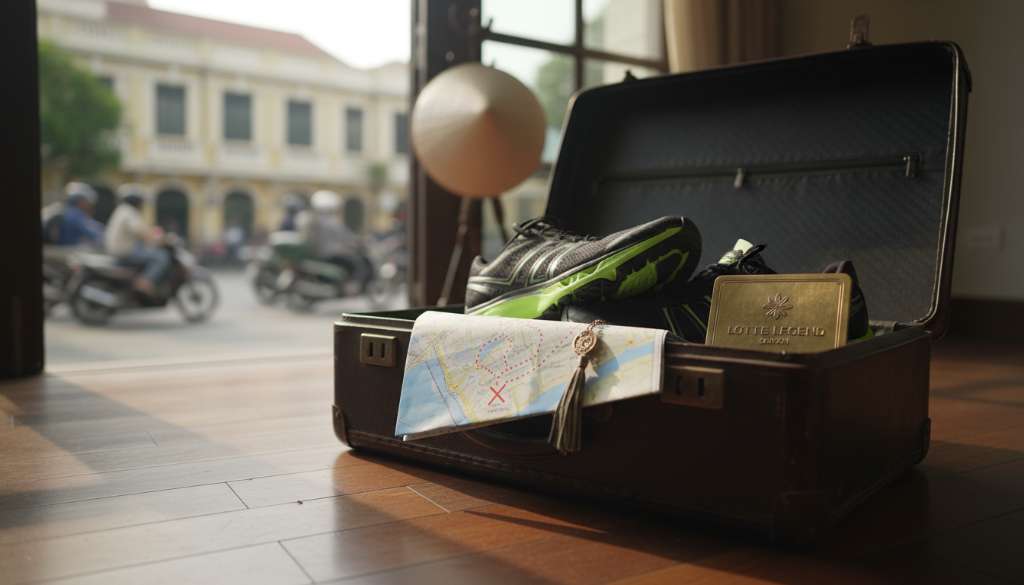 Hình ảnh một chiếc vali mở sẵn, bên trong là đôi giày chạy bộ chuyên nghiệp và một tấm bản đồ thành phố có đánh dấu vạch xuất phát của giải chạy, bên cạnh là một chiếc chìa khóa khách sạn sang trọng.