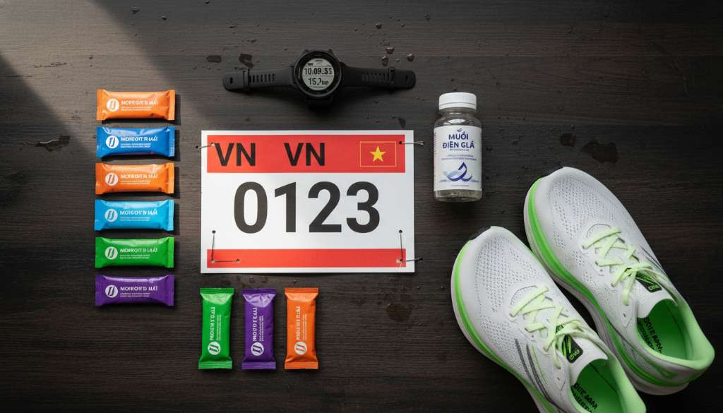 Ảnh chụp flat-lay đầy nghệ thuật gồm: số báo danh (Bib), 6 gói gel năng lượng sắp xếp ngay ngắn, một lọ muối điện giải, đồng hồ Garmin và một đôi siêu giày chạy bộ (super shoes) đặt trên nền mặt gỗ tối màu.