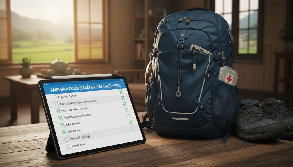 Một trang danh sách kiểm tra (Checklist) được thiết kế chuyên nghiệp trên máy tính bảng, bên cạnh là một chiếc balo chạy bộ đã được xếp gọn gàng, sẵn sàng cho chuyến đi.