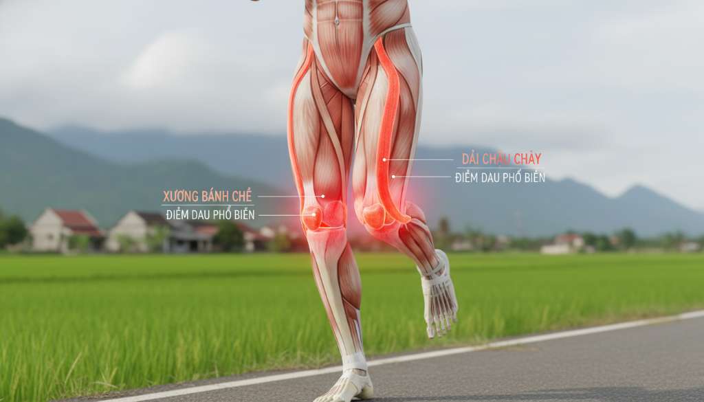 Hình ảnh minh họa giải phẫu 3D của khớp gối người chạy bộ, làm nổi bật vùng xương bánh chè và dải chậu chày bằng màu đỏ rực để chỉ rõ các điểm đau phổ biến.