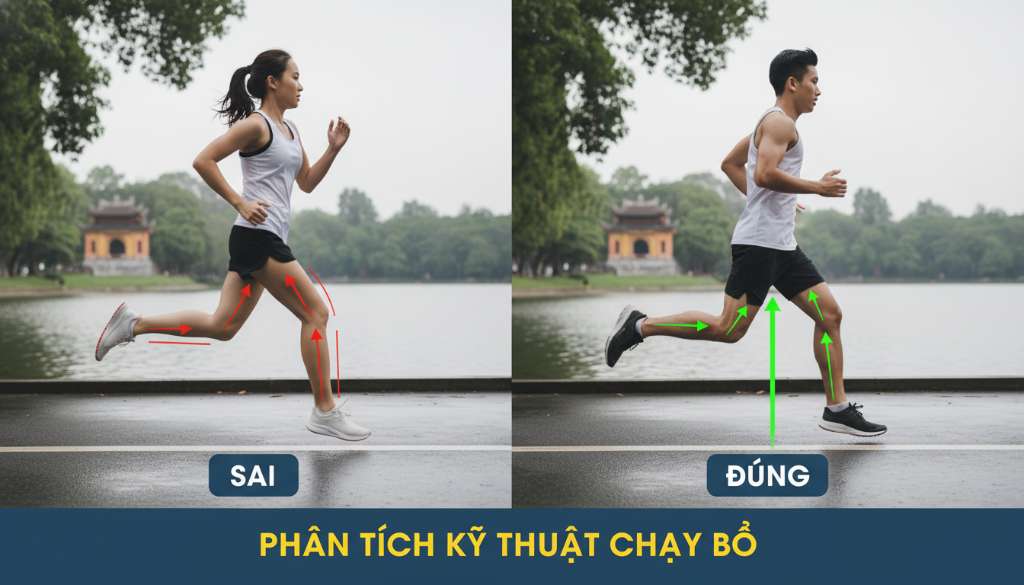Ảnh so sánh Side-by-side: Một bên là runner đáp gót chân (sai), một bên là runner đáp chân ngay dưới trọng tâm cơ thể với tư thế chuẩn (đúng), có các đường kẻ đồ họa phân tích lực.