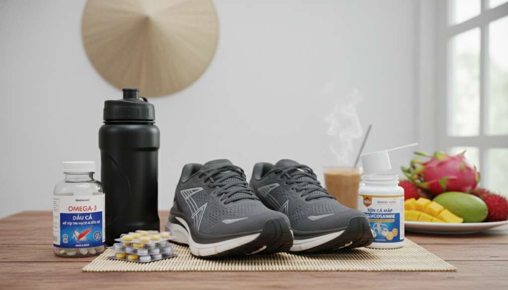 Ảnh chụp cận cảnh một đôi giày chạy bộ đế dày hiện đại đặt cạnh các loại thực phẩm chức năng như Omega-3 và bình nước thể thao, phong cách flat-lay chuyên nghiệp.