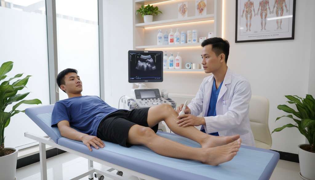 Một bác sĩ chuyên khoa thể thao đang dùng máy siêu âm kiểm tra khớp gối cho một vận động viên chạy bộ trong văn phòng y tế hiện đại, sạch sẽ.