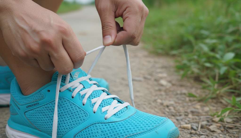 Ảnh chụp thực tế đôi tay của một runner đang thực hiện kỹ thuật buộc dây giày kiểu