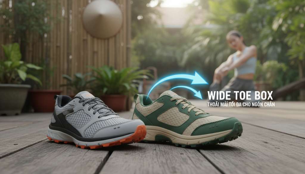 Ảnh so sánh hai chiếc giày chạy bộ đặt cạnh nhau trên mặt phẳng gỗ. Một chiếc có thiết kế mũi nhọn thời trang và một chiếc có