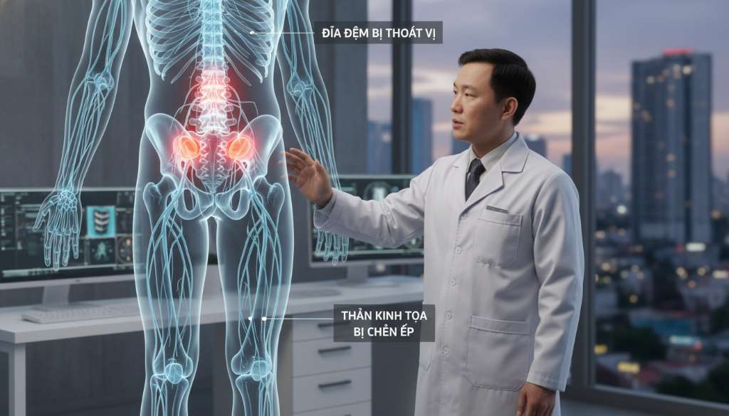 Ảnh đồ họa y khoa chuyên nghiệp minh họa hệ thần kinh chạy từ cột sống thắt lưng, dọc theo chân xuống tận bàn chân. Các vùng có khả năng bị thoát vị đĩa đệm gây chèn ép thần kinh tọa được làm nổi bật.