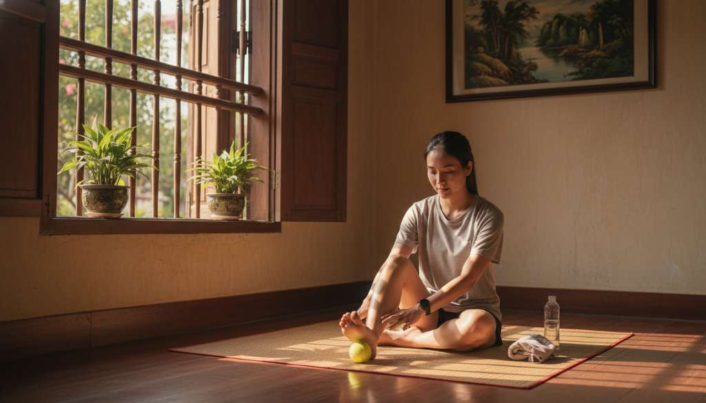 Một runner đang ngồi thoải mái trên thảm tập, dùng lòng bàn chân trần lăn trên một quả bóng tennis màu vàng. Ánh nắng chiều nhẹ nhàng chiếu qua cửa sổ, tạo không gian thư giãn, phục hồi.