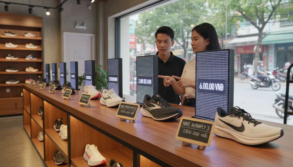 Một hàng giày chạy bộ xếp theo thứ tự từ các dòng đơn giản như Nike Downshifter đến các siêu phẩm như Alphafly, với bảng giá tăng dần phía sau, tạo sự so sánh trực quan về các phân khúc thị trường.