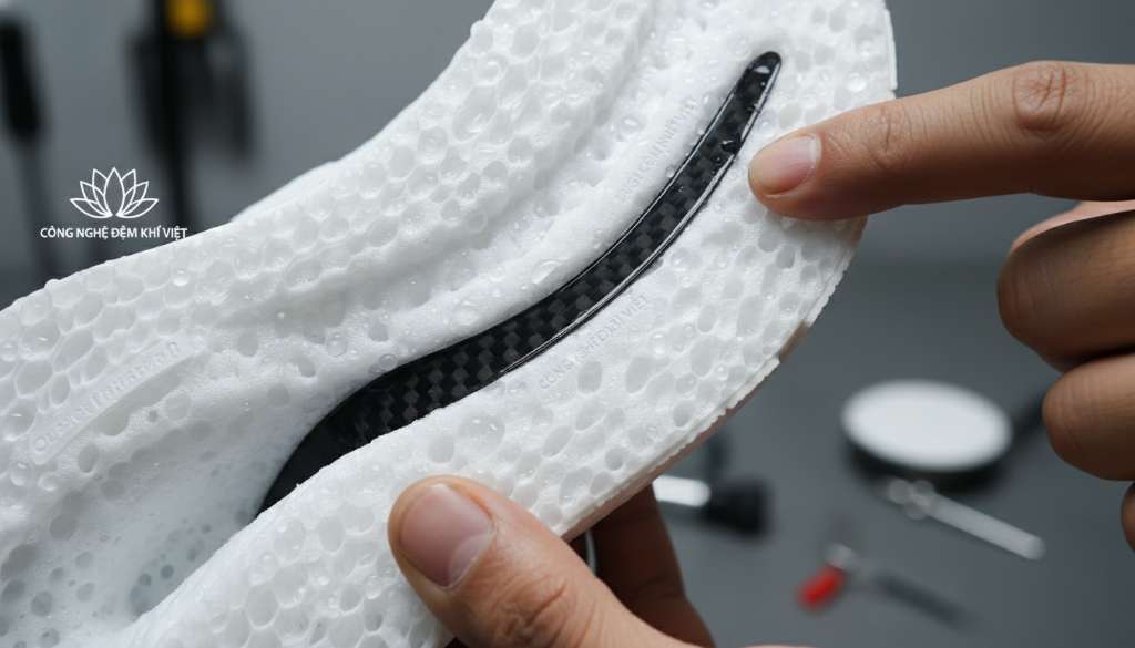 Ảnh chụp macro cận cảnh cấu trúc bọt xốp của đế giữa một đôi giày cao cấp, cho thấy các lỗ khí li ti và tấm carbon mỏng đen bóng ẩn bên trong lớp đệm trắng, ánh sáng studio nghệ thuật.