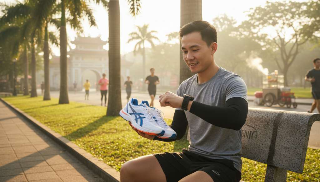 Một runner đang ngồi trên ghế đá công viên, tay cầm một đôi giày mới và nhìn vào đồng hồ chạy bộ, bối cảnh buổi sáng sớm đầy năng lượng và hy vọng.
