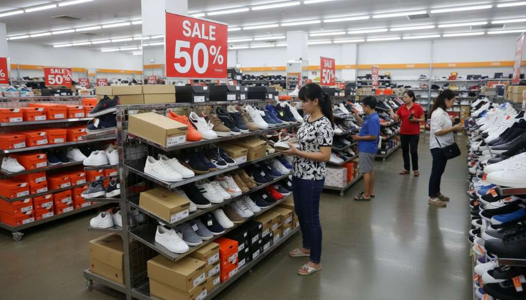 Một kệ giày tại cửa hàng Outlet với bảng biển 