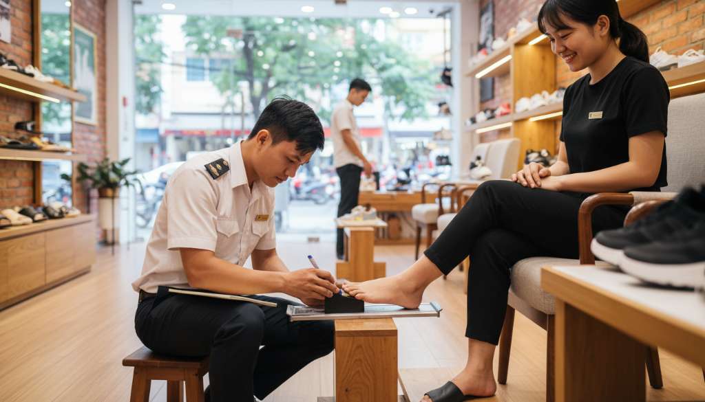 Một nhân viên cửa hàng đang dùng thước đo chuyên dụng để kiểm tra kích thước và độ bè của bàn chân cho một vị khách, thể hiện sự chuyên nghiệp và kỹ lưỡng.
