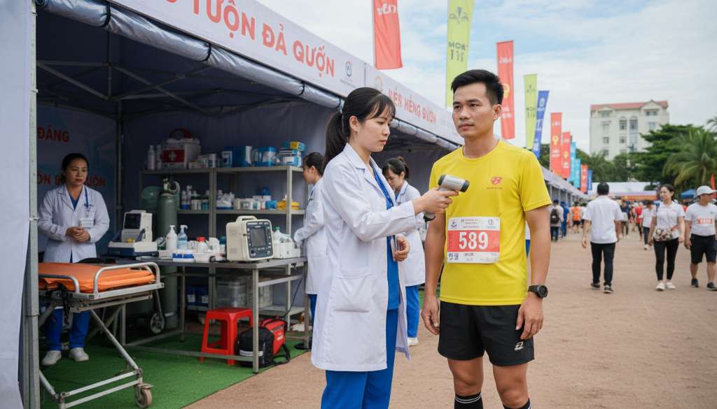 Ảnh chụp một Runner đang đứng trước quầy y tế tại giải chạy, nhân viên y tế đang kiểm tra thông tin trên tấm BIB bằng máy quét cầm tay với vẻ mặt nghiêm nghị. Bối cảnh xung quanh là lều y tế chuyên nghiệp với đầy đủ thiết bị cấp cứu.