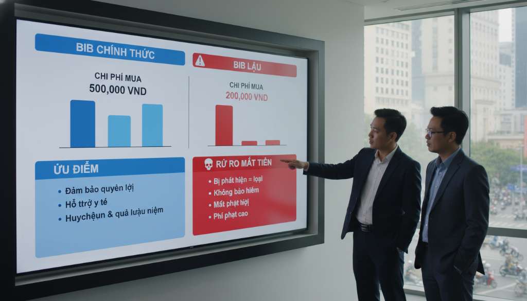Một biểu đồ Infographic trình bày chuyên nghiệp, so sánh giữa các cột chi phí mua BIB chính thức và rủi ro mất tiền khi mua BIB lậu. Màu sắc chủ đạo là xanh dương và đỏ cảnh báo.