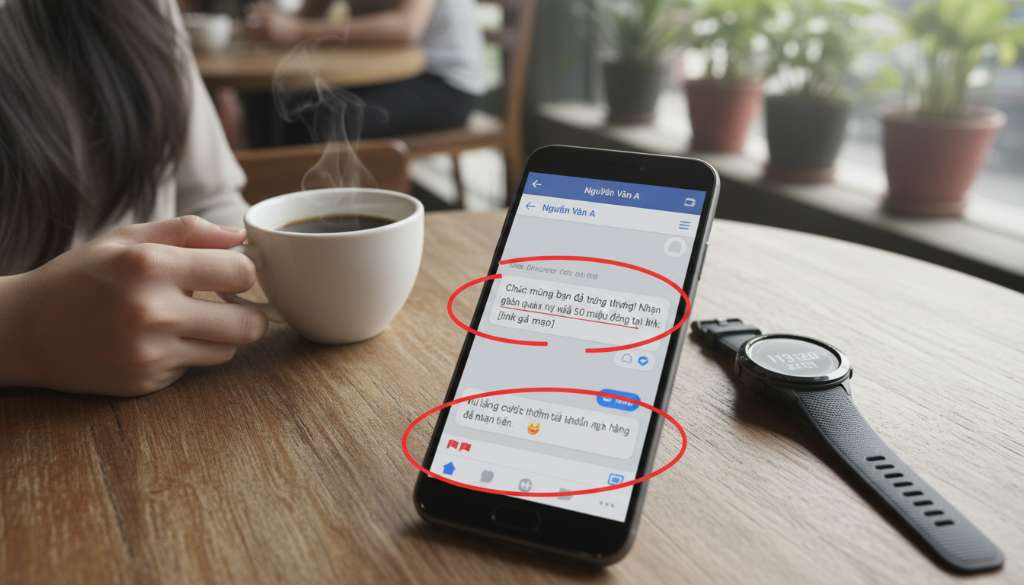 Ảnh chụp màn hình điện thoại đặt trên mặt bàn gỗ, hiển thị một đoạn hội thoại chat trên Facebook Messenger với các dấu hiệu lừa đảo bị khoanh vùng đỏ, bên cạnh là một ly cà phê và một chiếc đồng hồ Garmin.