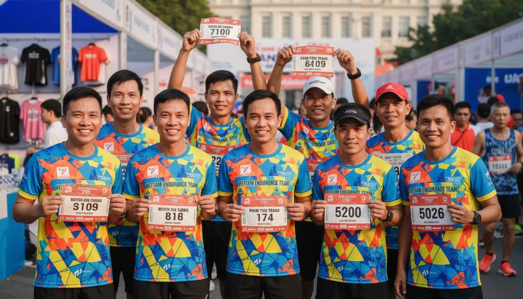 Một nhóm Runner mặc áo đồng phục câu lạc bộ rực rỡ sắc màu, đang cùng nhau giơ cao những tấm BIB chính chủ tại khu vực Expo của giải chạy. Nụ cười rạng rỡ và tinh thần đồng đội tràn đầy năng lượng.