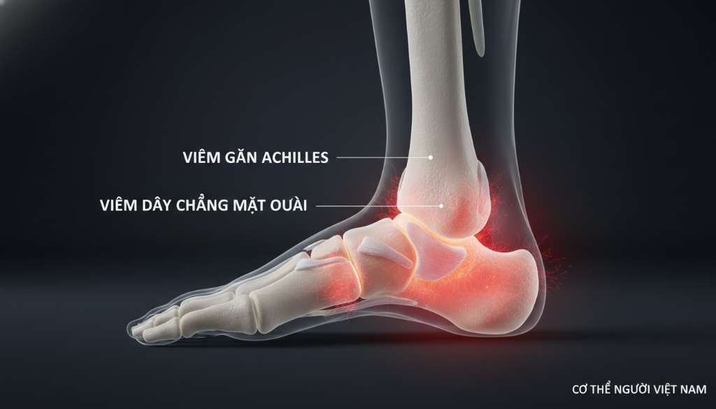 Hình ảnh đồ họa 3D mô phỏng cấu trúc xương và dây chằng cổ chân người. Các vùng bị viêm được đánh dấu bằng hiệu ứng ánh sáng đỏ rực tại vị trí gân Achilles và dây chằng mặt ngoài. Phong cách y khoa hiện đại, nền tối tối giản.