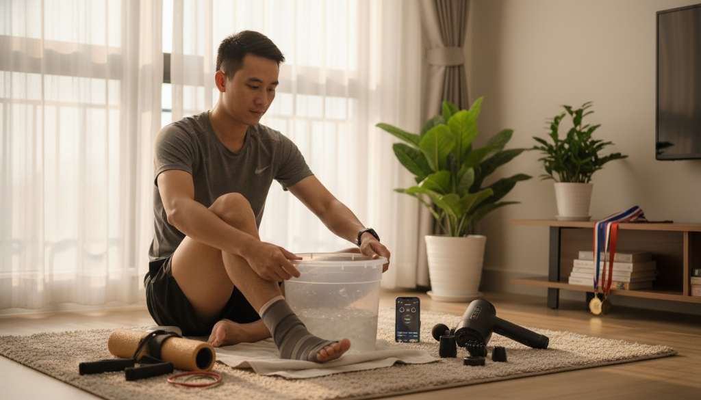 Một runner đang thực hiện phương pháp chườm đá cổ chân một cách chuyên nghiệp tại nhà. Cạnh đó là một chiếc máy massage cầm tay và các phụ kiện phục hồi. Ánh sáng trong phòng ấm áp, tạo cảm giác thư giãn và khoa học.