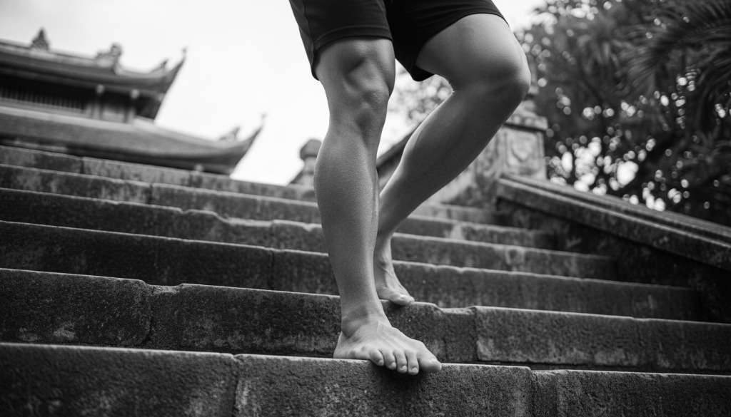Ảnh chụp từ dưới lên tập trung vào bắp chân của một vận động viên đang thực hiện động tác kiễng chân trên bậc cầu thang. Các khối cơ bắp chân hiện rõ, thể hiện sự mạnh mẽ và ổn định. Phong cách ảnh đen trắng nghệ thuật, độ tương phản cao.