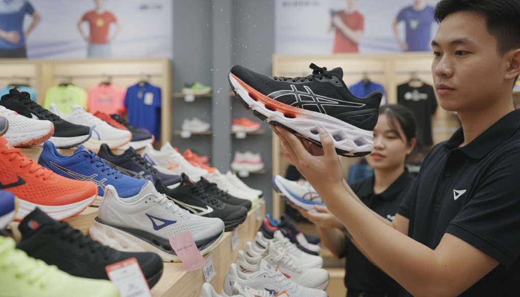 Một bộ sưu tập các loại giày chạy bộ khác nhau được xếp cạnh nhau trên kệ gỗ chuyên dụng. Một đôi giày được nhấc lên cao, lộ rõ phần đế giữa (midsole) có công nghệ đệm dày. Ánh sáng studio chuyên nghiệp, làm rõ các chi tiết vật liệu.