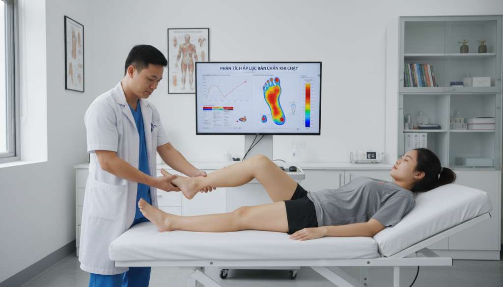 Bác sĩ chuyên khoa đang dùng tay kiểm tra độ linh hoạt khớp cổ chân cho một bệnh nhân trên giường khám y tế. Trên màn hình máy tính phía sau là biểu đồ phân tích áp lực bàn chân khi chạy. Không gian phòng khám hiện đại, sạch sẽ.