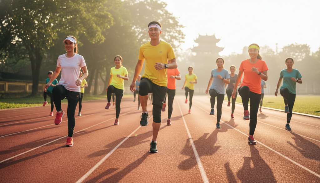 Một nhóm runner đang cùng nhau thực hiện các bài tập khởi động xoay cổ chân trên đường chạy pitch màu đỏ rực rỡ dưới ánh nắng ban mai. Không khí tràn đầy năng lượng và sự kết nối cộng đồng.