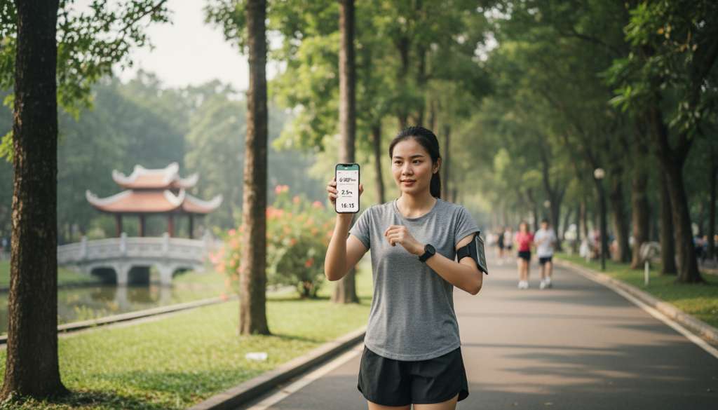 Một runner mới đang tập luyện trong công viên, trang phục đơn giản nhưng năng động, đang kiểm tra thông số trên ứng dụng điện thoại gắn ở cánh tay. Ánh sáng tự nhiên, không gian xanh mát.
