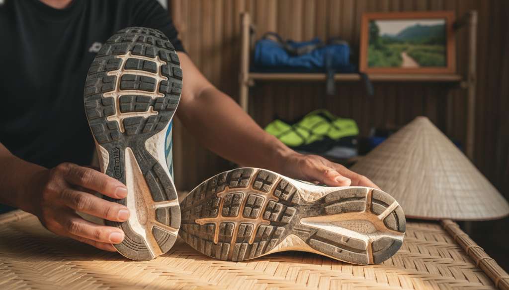 Ảnh chụp cận cảnh (macro) đế giày chạy bộ với lớp cao su Continental bền bỉ, bên cạnh là một đôi giày cũ đã mòn nhưng được vệ sinh sạch sẽ, thể hiện sự trân trọng thiết bị.