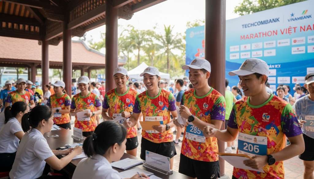 Một nhóm runner trong trang phục câu lạc bộ rực rỡ đang nhận Bib tại quầy check-in của một giải Marathon lớn, nụ cười rạng rỡ và tinh thần đồng đội cao.